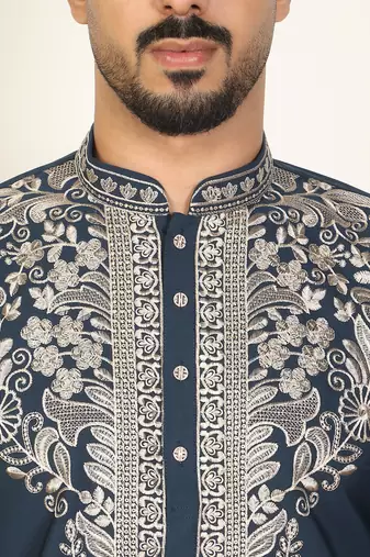 Men embroidered floral thread work japanese fabric blue festive kurta