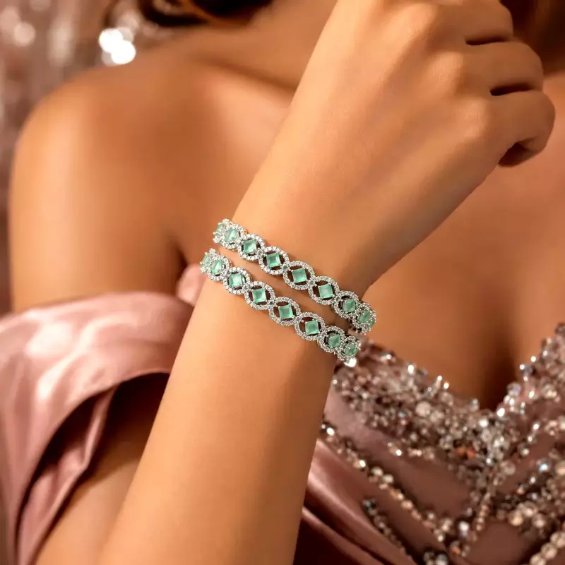 Emerald Green CZ Tennis Bracelet Set, Silver Plated Crystal Stackable Wedding Jewelry