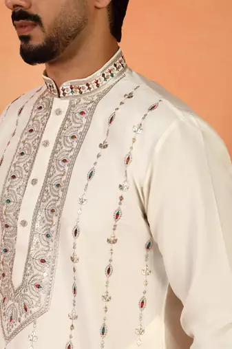 Men thread work & embellished yoke design japanese fabric cream festive kurta