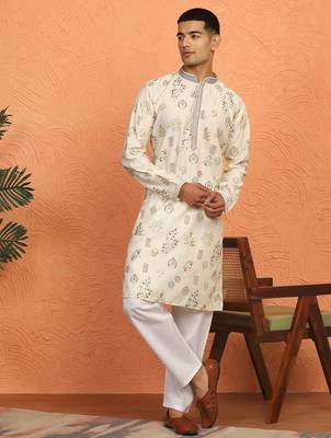 Men cream anchor kurta with gold floral motif prints 4
