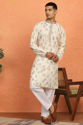 Men cream anchor kurta with gold floral motif prints