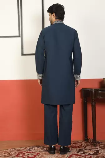 Men embroidered floral thread work japanese fabric blue festive kurta