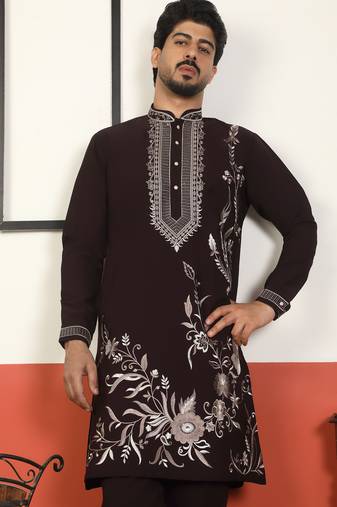 Men embroidered floral japanese fabric mandarin collor wine kurta