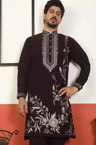 Men embroidered floral japanese fabric mandarin collor wine kurta