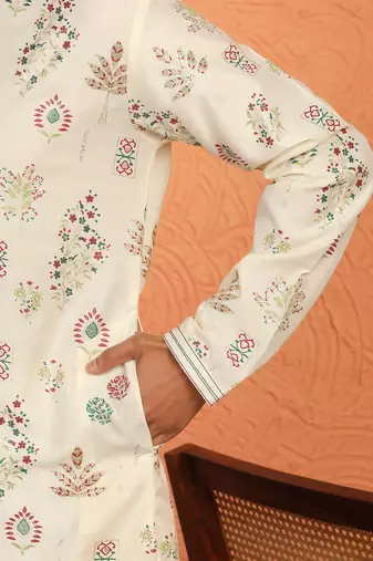 Men cream anchor kurta with gold floral motif prints