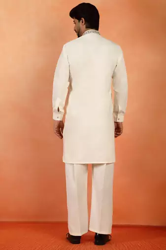 Men thread work & embellished yoke design japanese fabric cream festive kurta