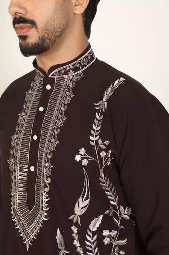 Men embroidered floral japanese fabric mandarin collor wine kurta