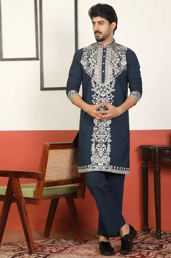 Men embroidered floral thread work japanese fabric blue festive kurta