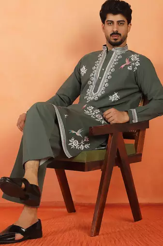Men embroidered floral thread work japanese fabric olive green festive kurta
