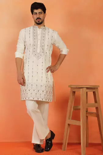 Men thread work & embellished yoke design japanese fabric cream festive kurta
