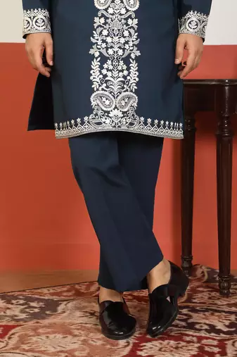 Men embroidered floral thread work japanese fabric blue festive kurta