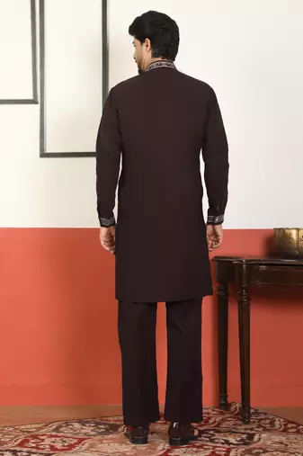 Men embroidered floral japanese fabric mandarin collor wine kurta
