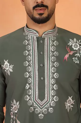Men embroidered floral thread work japanese fabric olive green festive kurta