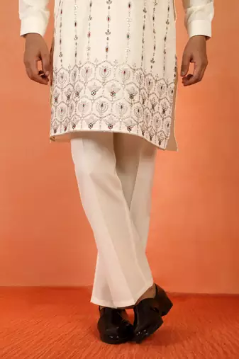 Men thread work & embellished yoke design japanese fabric cream festive kurta
