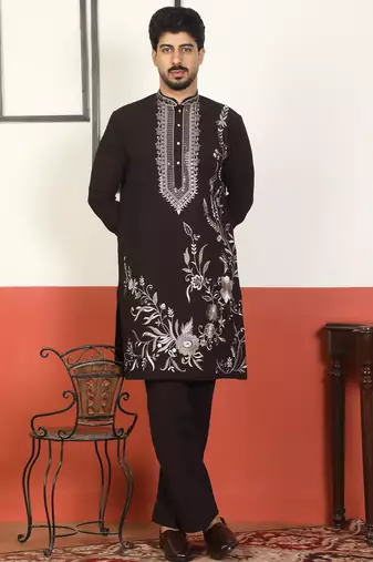 Men embroidered floral japanese fabric mandarin collor wine kurta