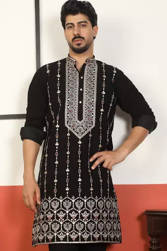 Men thread work & embellished yoke design japanese fabric black festive kurta