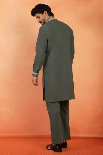 Men embroidered floral thread work japanese fabric olive green festive kurta