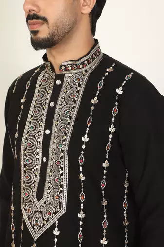 Men thread work & embellished yoke design japanese fabric black festive kurta
