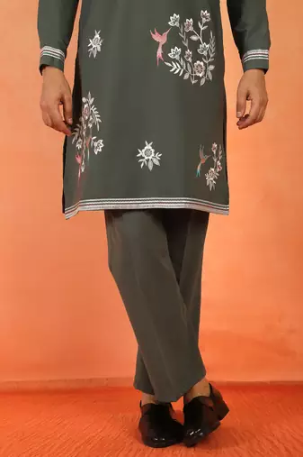 Men embroidered floral thread work japanese fabric olive green festive kurta