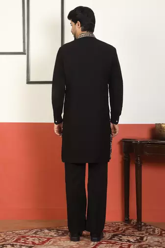 Men thread work & embellished yoke design japanese fabric black festive kurta