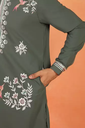 Men embroidered floral thread work japanese fabric olive green festive kurta