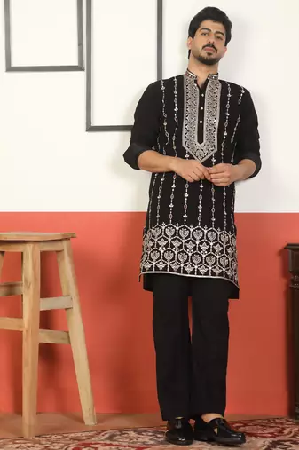 Men thread work & embellished yoke design japanese fabric black festive kurta