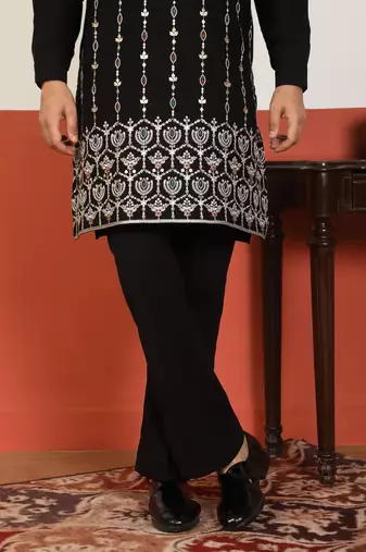 Men thread work & embellished yoke design japanese fabric black festive kurta