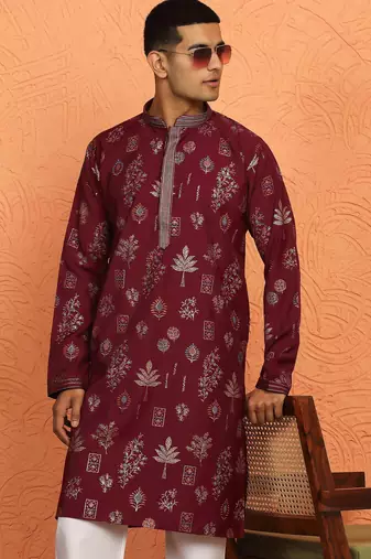Men maroon anchor kurta with gold floral motif prints