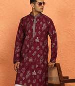 Men maroon anchor kurta with gold floral motif prints