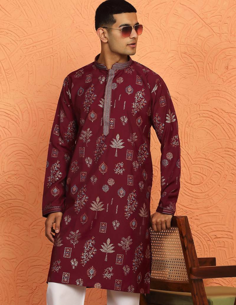 Men maroon anchor kurta with gold floral motif prints