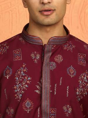 Men maroon anchor kurta with gold floral motif prints 2