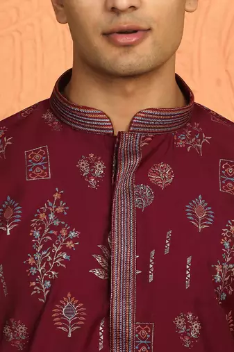 Men maroon anchor kurta with gold floral motif prints