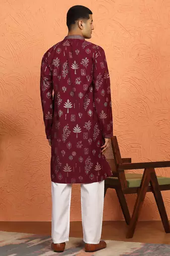 Men maroon anchor kurta with gold floral motif prints