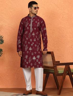 Men maroon anchor kurta with gold floral motif prints 4