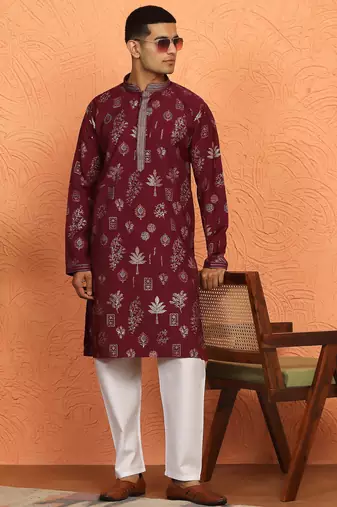 Men maroon anchor kurta with gold floral motif prints