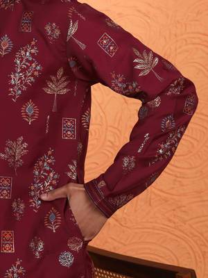 Men maroon anchor kurta with gold floral motif prints 5
