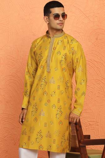 Men mustard anchor kurta with gold floral motif prints