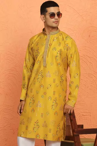 Men mustard anchor kurta with gold floral motif prints