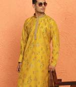 Men mustard anchor kurta with gold floral motif prints