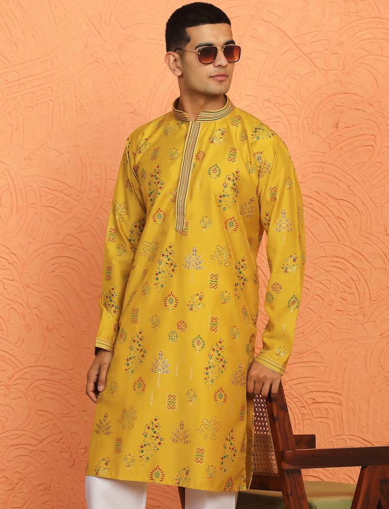 Men mustard anchor kurta with gold floral motif prints