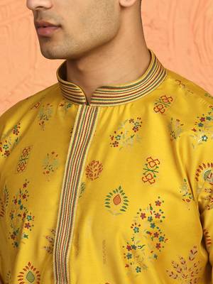 Men mustard anchor kurta with gold floral motif prints 2