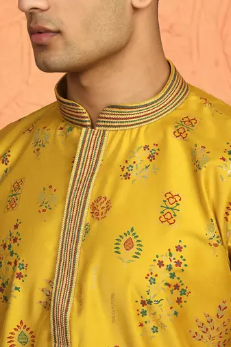 Men mustard anchor kurta with gold floral motif prints