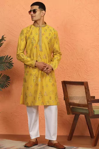 Men mustard anchor kurta with gold floral motif prints