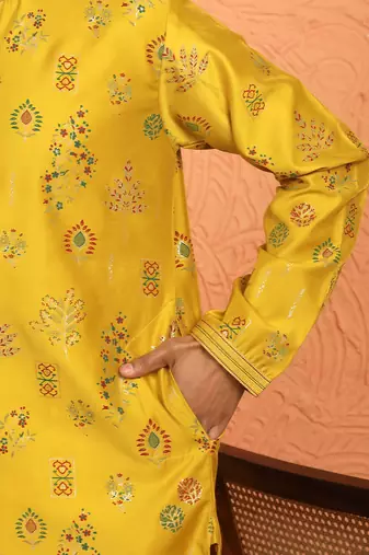 Men mustard anchor kurta with gold floral motif prints