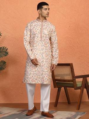 beige kurta featuring intricate floral patterns and mandarin collar 4