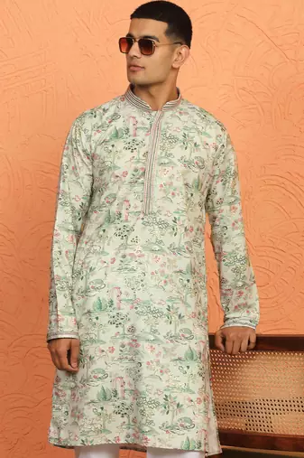 green kurta featuring intricate floral patterns and mandarin collar
