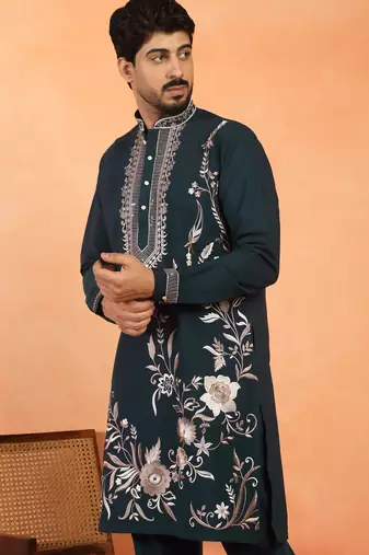 Men embroidered floral japanese fabric mandarin collor blue kurta