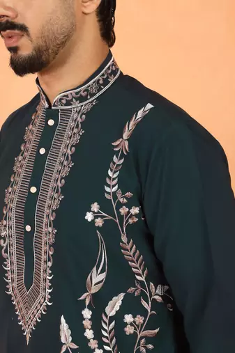 Men embroidered floral japanese fabric mandarin collor blue kurta