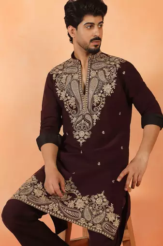 Men embroidered & embellished yoke design wine kurta