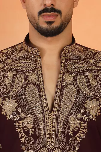 Men embroidered & embellished yoke design wine kurta